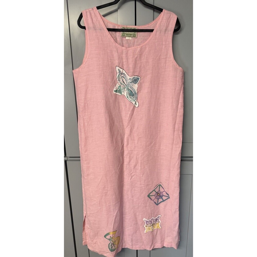 Entity florida coastal Shift Midi Dress Large Shell‎ Print Sleeveles Pink Slit